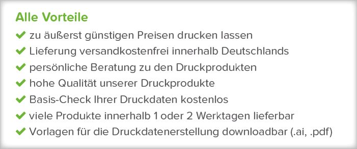 Auflistung aller Vorteile bei www.deine-hausdruckerei.de. Betrifft günstige Preise, kostenfreie Lieferung, persönliche Beratung, hohe Qualität, Lieferzeiten.